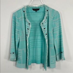Ming Wang Teal Fringed Edges Geometric Knit Stud Open Front Cardigan Sz M